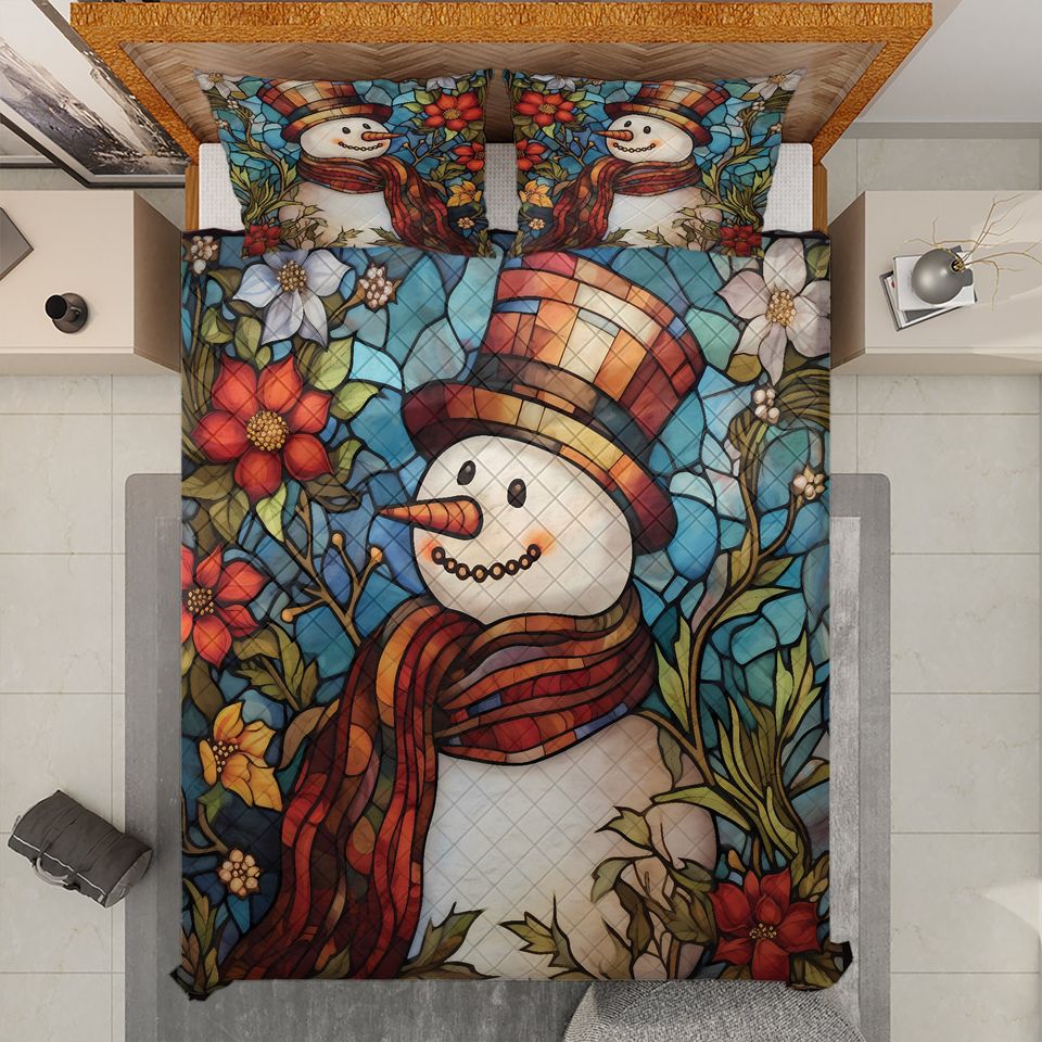 Vintage Snowman Christmas Quilt Bedding Set: Retro Floral Blanket