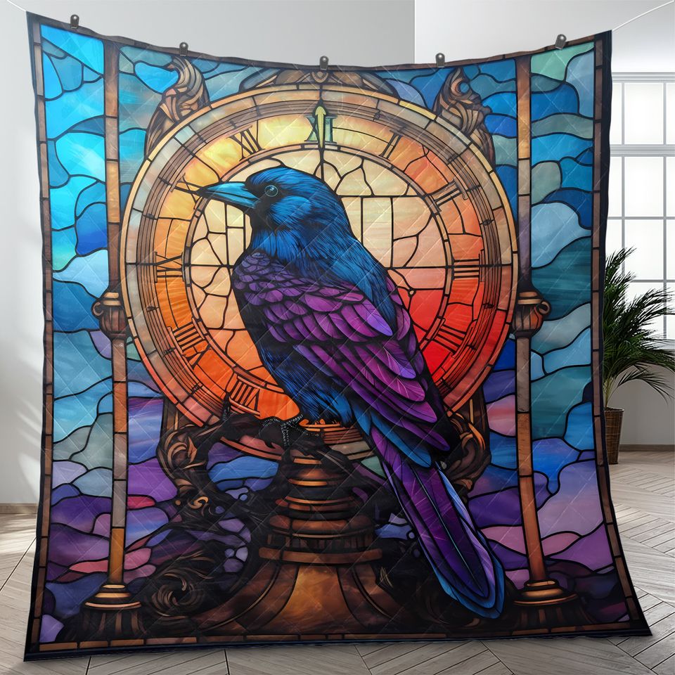 Gothic Raven Quilt Bedding Set: Bird with Clock Blanket