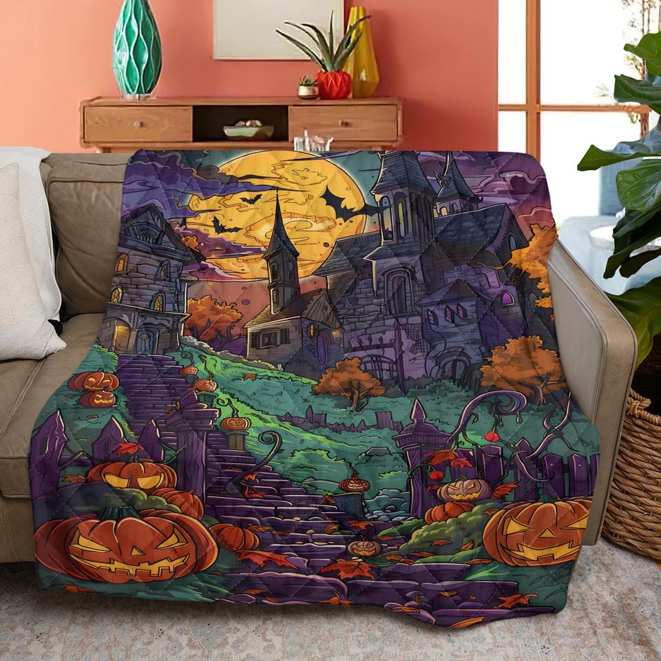 Vintage Halloween Town Quilt Bedding Set: Retro Pumpkin Blanket