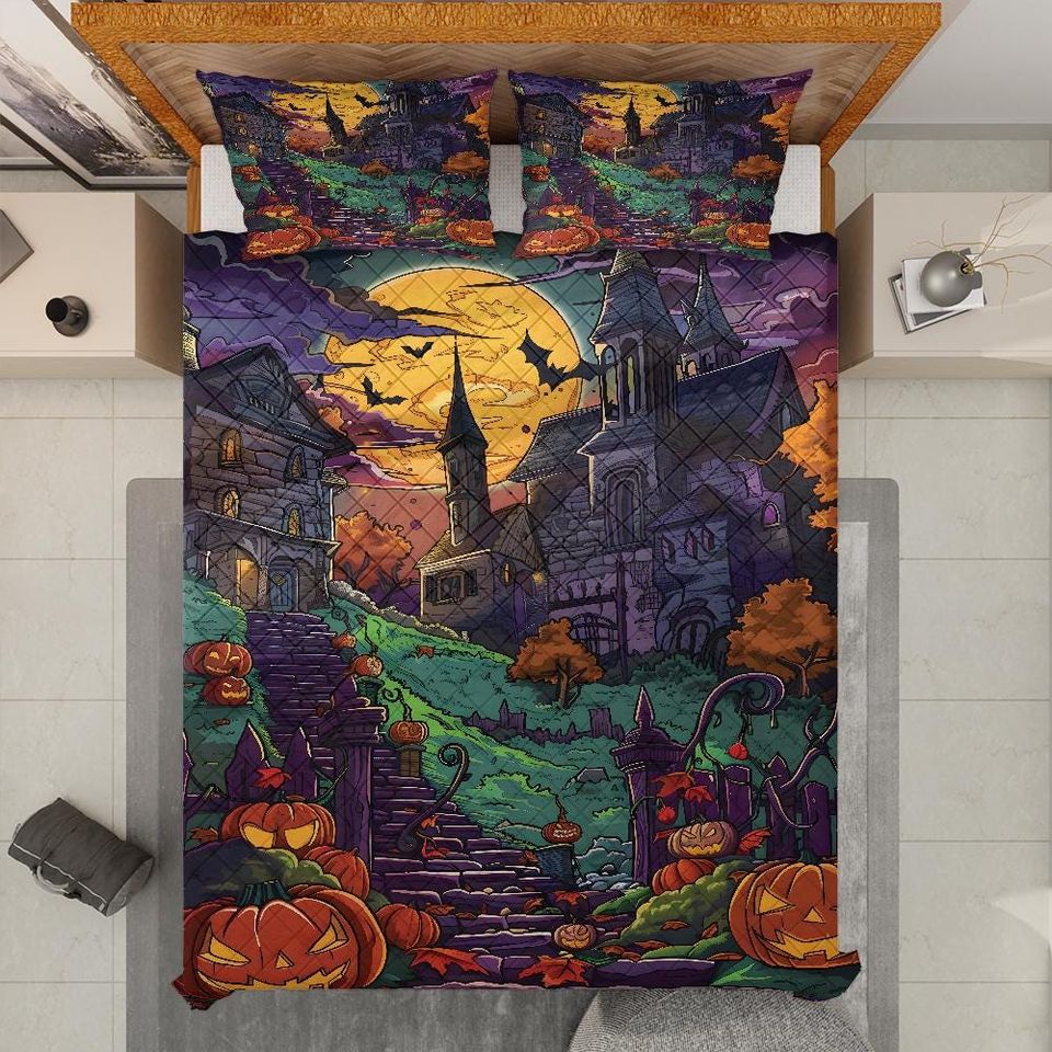 Vintage Halloween Town Quilt Bedding Set: Retro Pumpkin Blanket