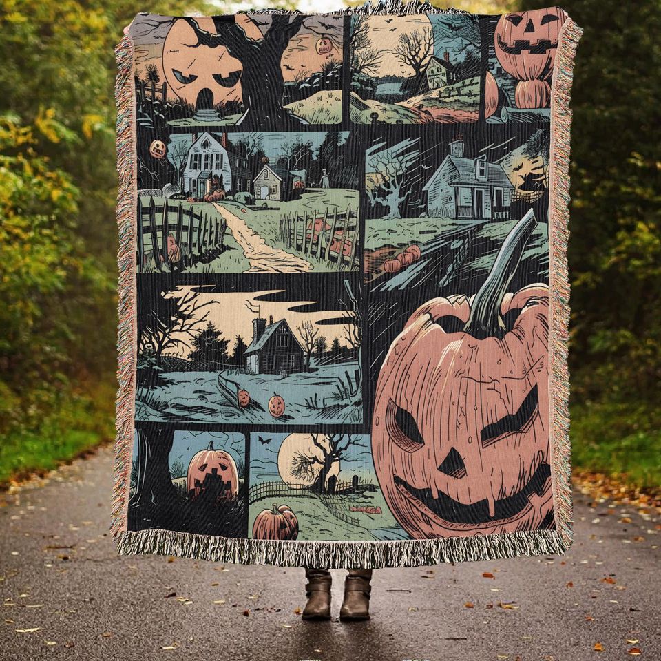 Retro Comic Jack-o'-lantern Halloween Woven Throw Blanket