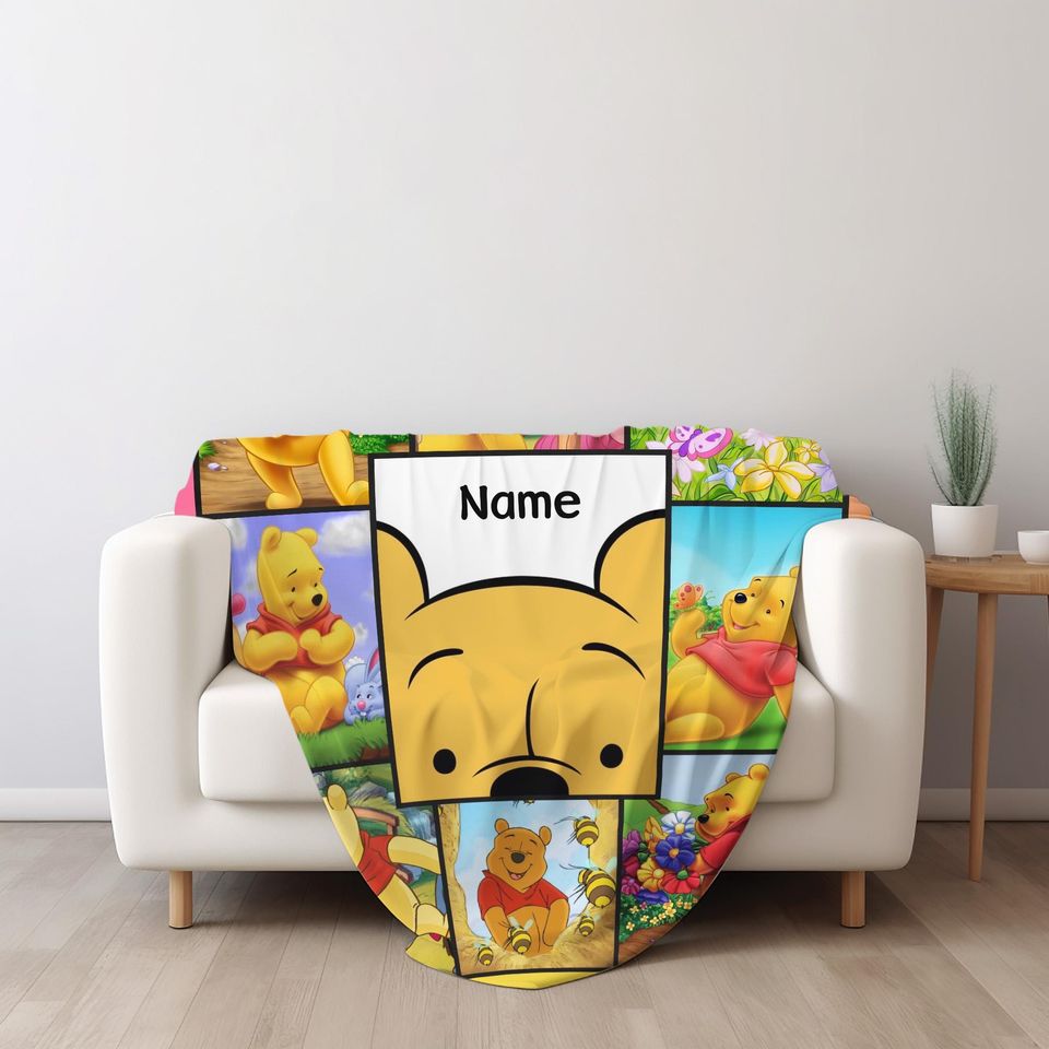 Custom Name Winnie The Pooh Baby Blanket, Personalized Disney Birthday Blanket Gifts, Disney Pooh and Friends Blanket, Kids Blanket JBUD28