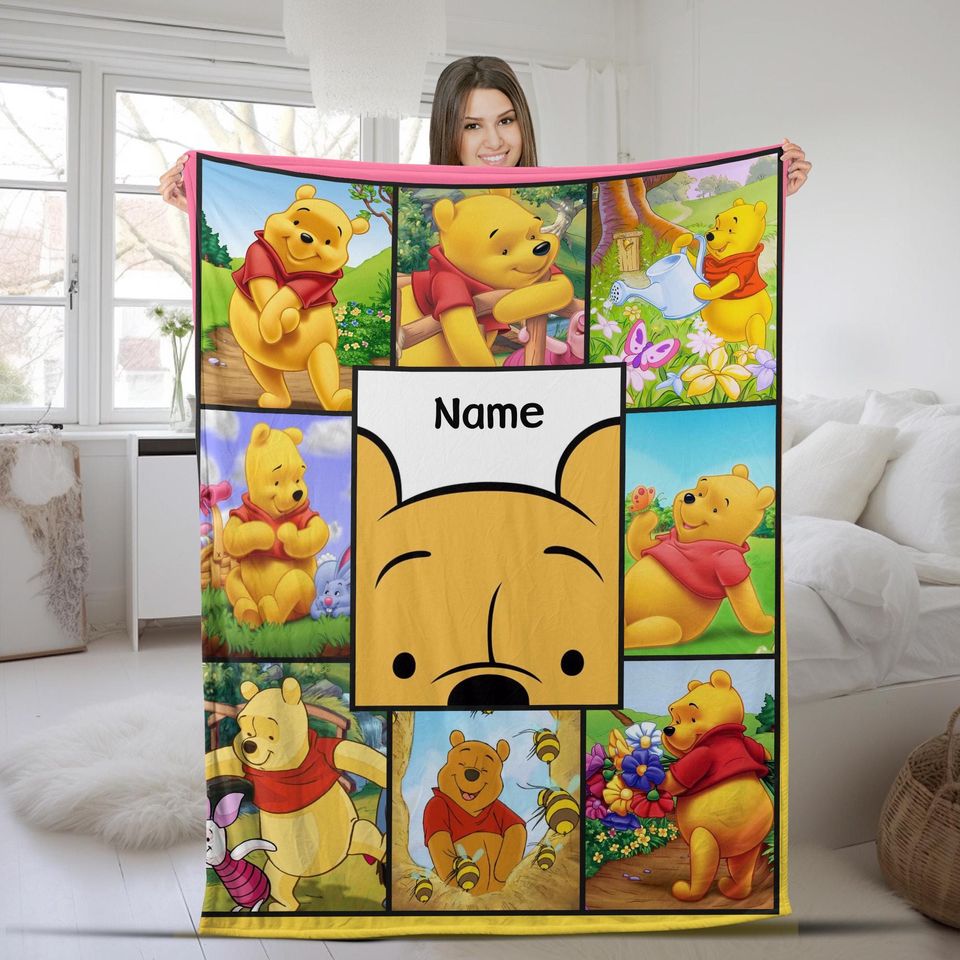 Custom Name Winnie The Pooh Baby Blanket, Personalized Disney Birthday Blanket Gifts, Disney Pooh and Friends Blanket, Kids Blanket JBUD28
