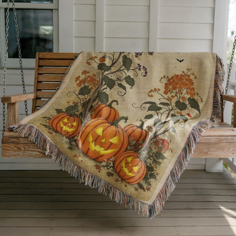 Spooky Pumpkins Woven  Blanket: Gothic Halloween Decor