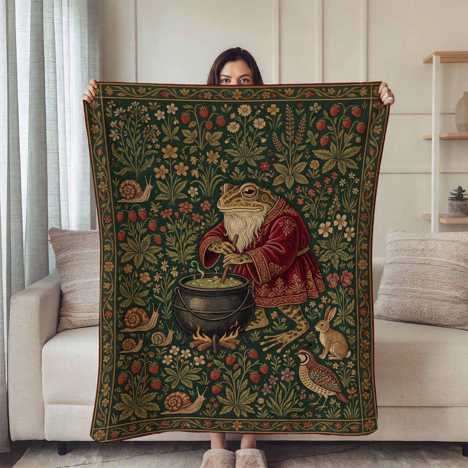 Frog Wizard Blanket, Cottagecore Blanket, Medieval Woven Tapestry
