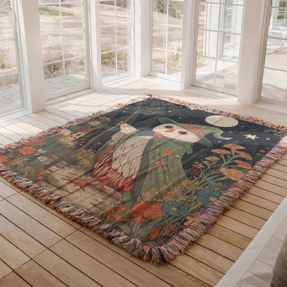 Owl Wizard Woven Blanket: Magical Cottagecore Tapestry
