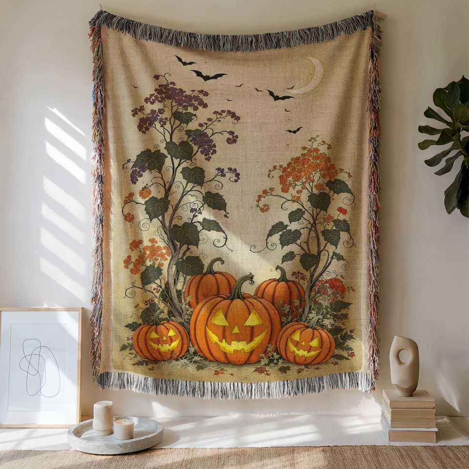 Spooky Pumpkins Woven  Blanket: Gothic Halloween Decor