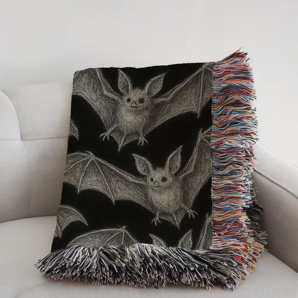 Bat Cotton Woven Blanket: Spooky Halloween Tapestry, Gothic Home Decor