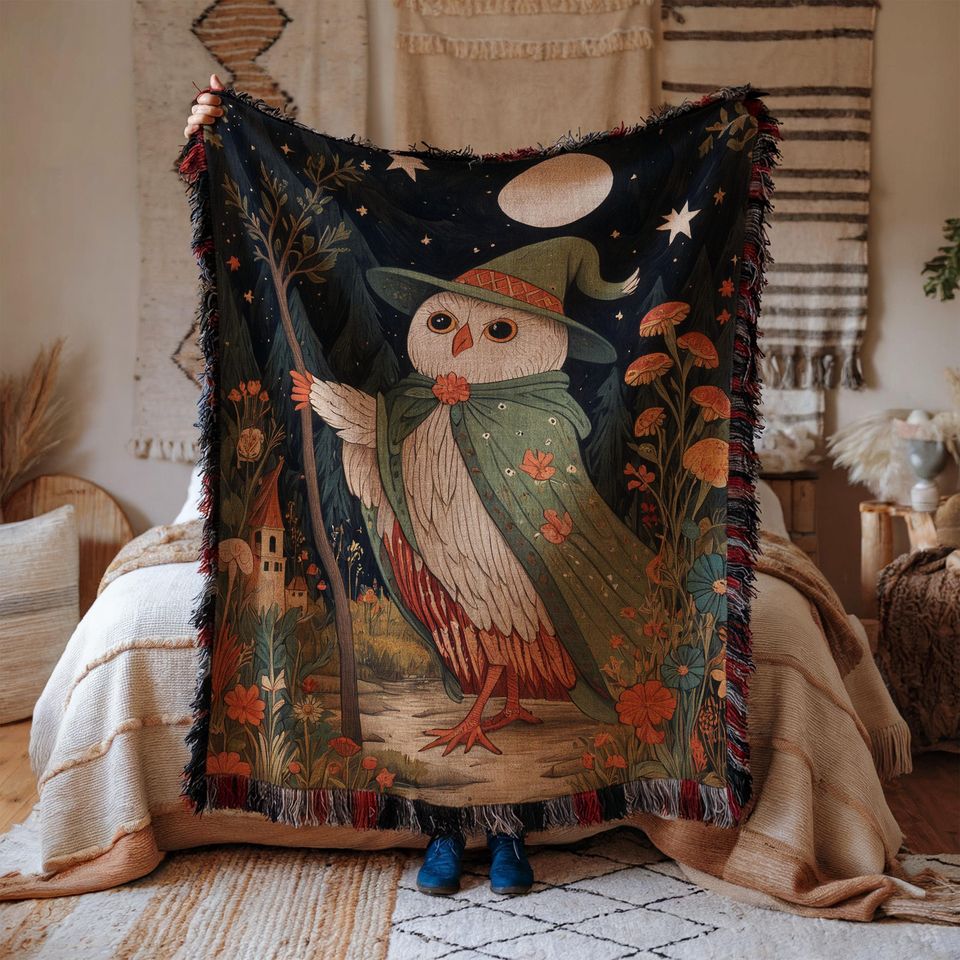 Owl Wizard Woven Blanket: Magical Cottagecore Tapestry