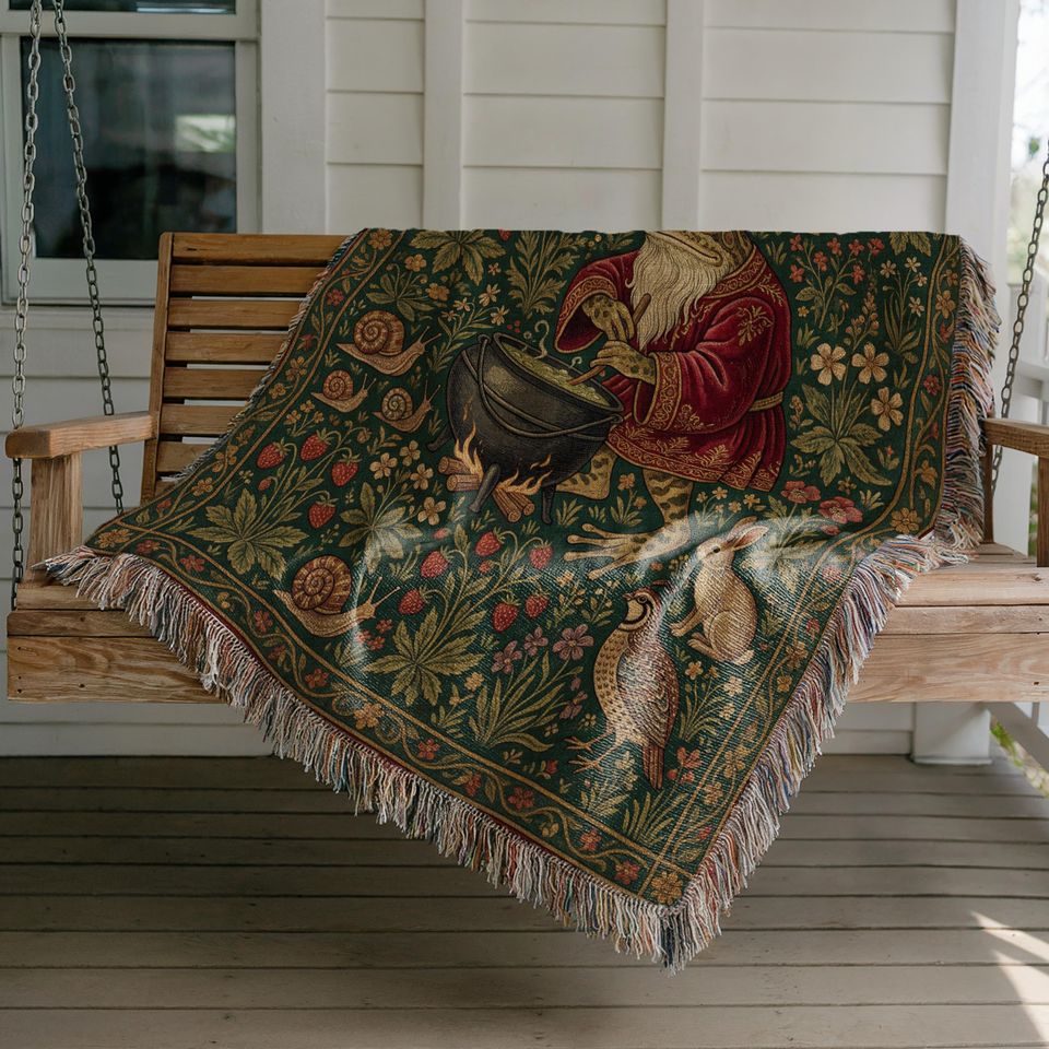 Frog Wizard Blanket, Cottagecore Blanket, Medieval Woven Tapestry