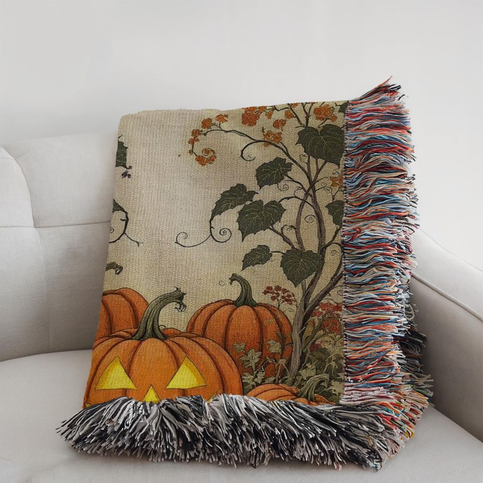 Spooky Pumpkins Woven  Blanket: Gothic Halloween Decor