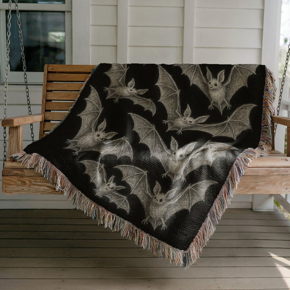 Bat Cotton Woven Blanket: Spooky Halloween Tapestry, Gothic Home Decor
