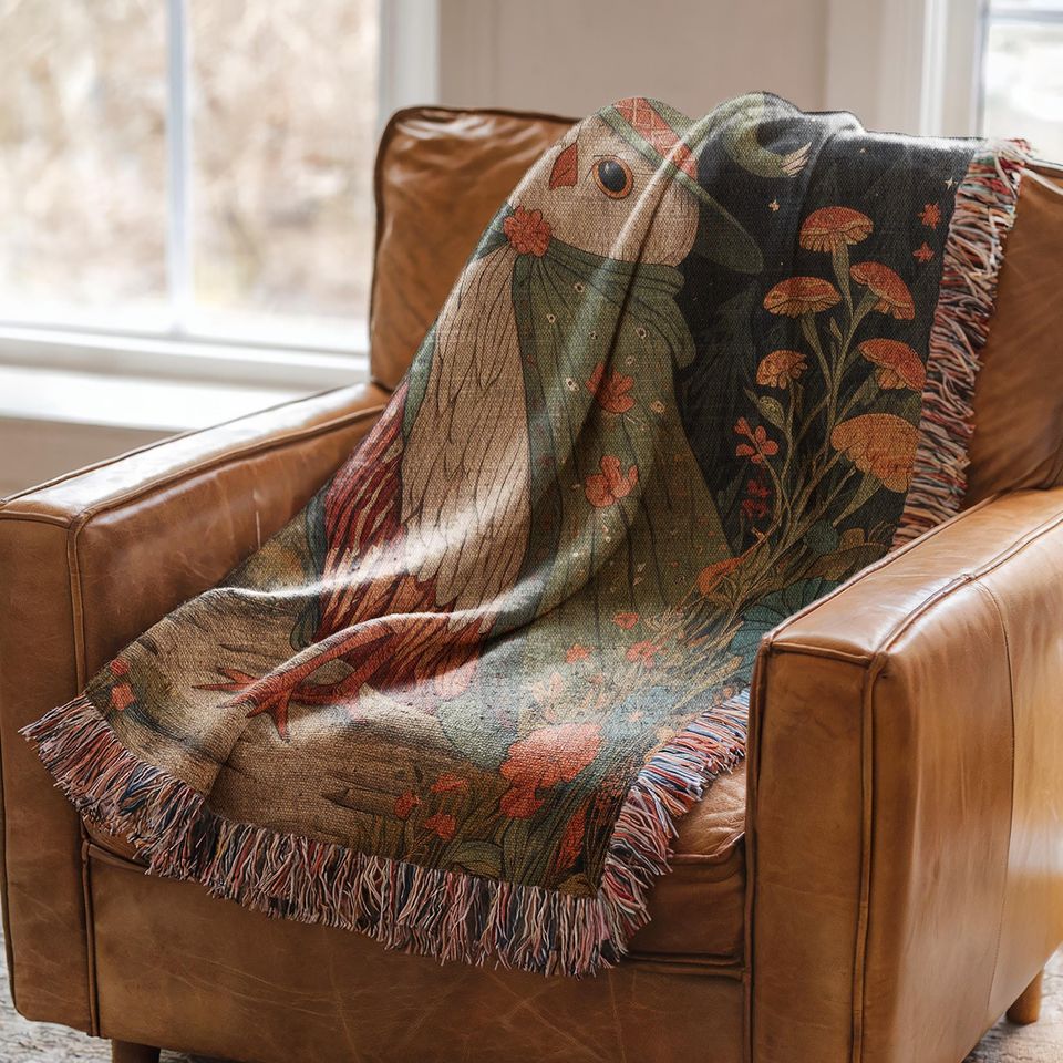 Owl Wizard Woven Blanket: Magical Cottagecore Tapestry
