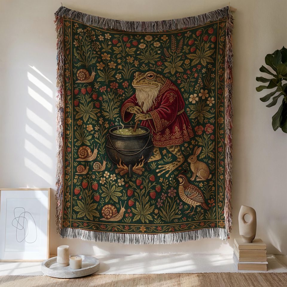 Frog Wizard Blanket, Cottagecore Blanket, Medieval Woven Tapestry
