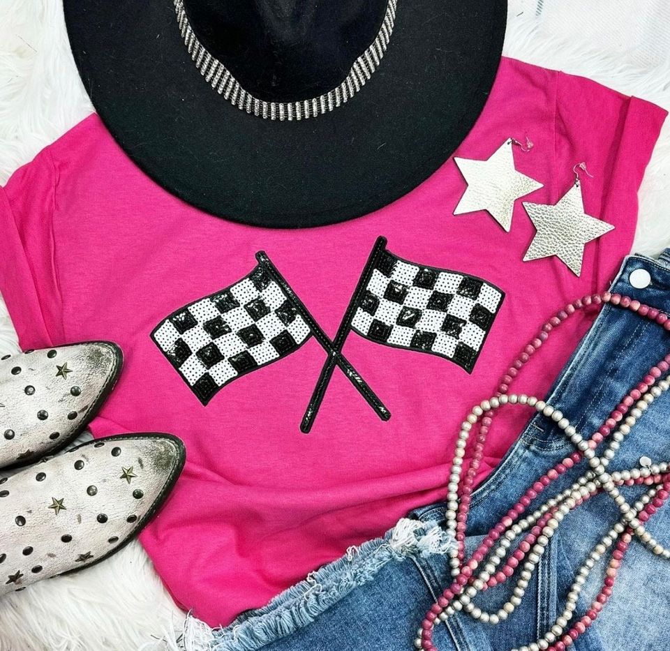Sequin black and white checkered racing flag tee