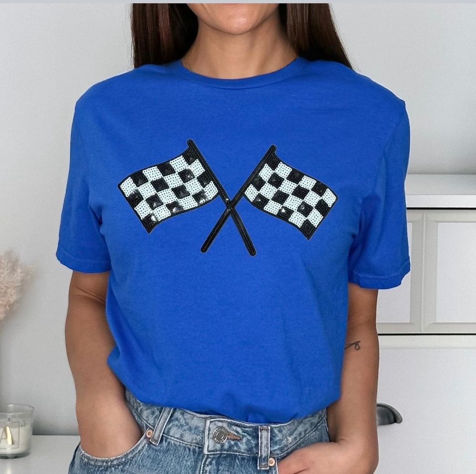 Sequin black and white checkered racing flag tee
