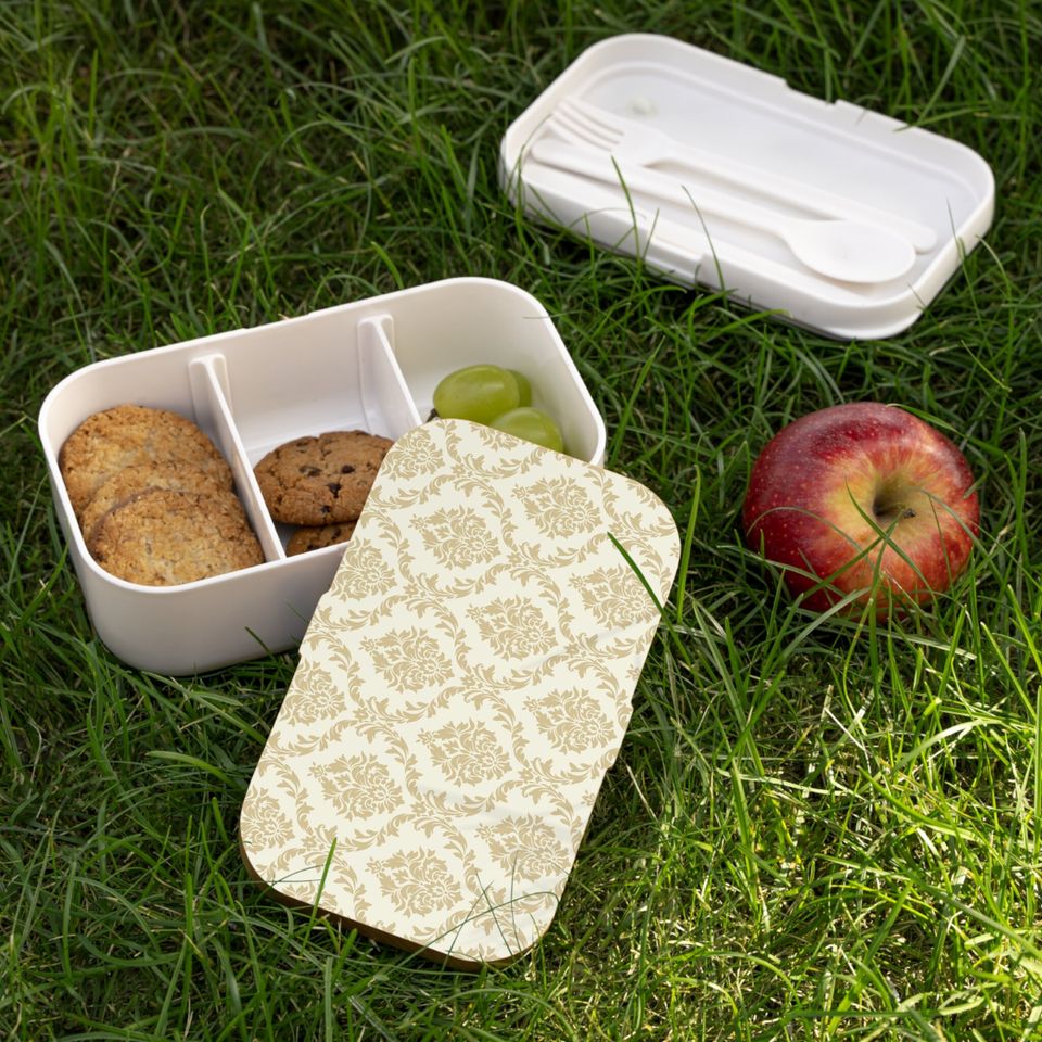 Beige Damask Bento Lunch Box, Student Lunch Box, Back To School Gift