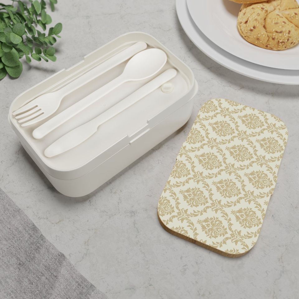 Beige Damask Bento Lunch Box, Student Lunch Box, Back To School Gift
