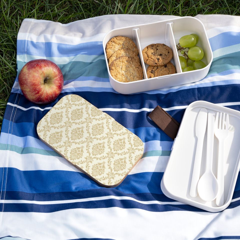 Beige Damask Bento Lunch Box, Student Lunch Box, Back To School Gift