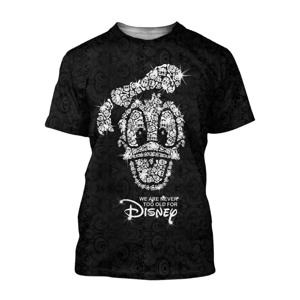 Donald Duck Head Black Silver Glitter Bling Patterns Disney 3D T-Shirt