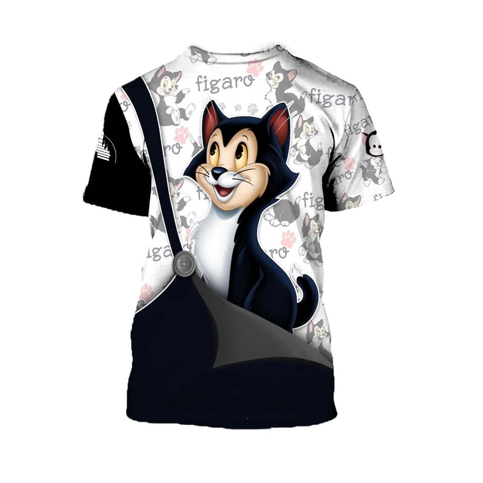 Figaro Cat Pinocchio Black Button Overalls Patterns Disney Outfits Unisex Casual T-shirts 3D