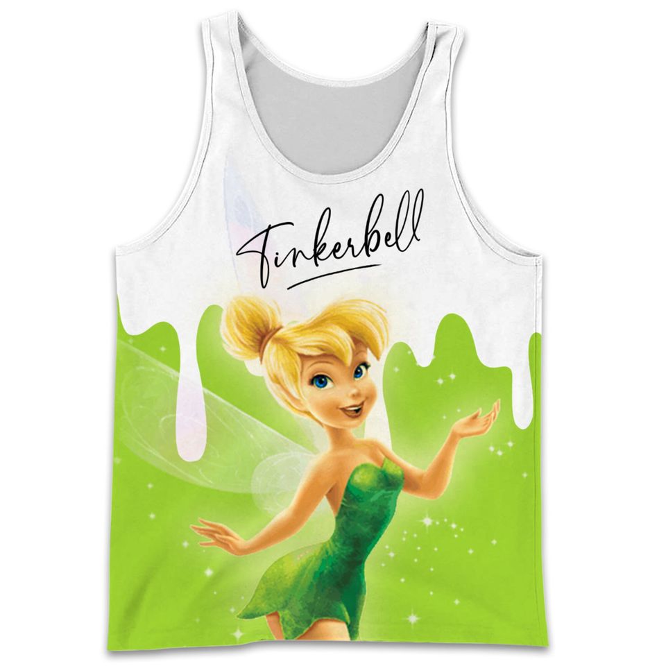 Tinker Bell Dripping Paint Green White Disney Cartoon Graphic Summer Vacation 3D Tank Top