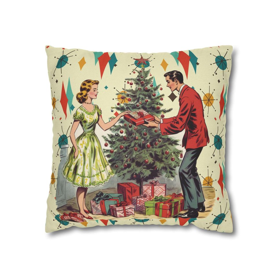 Retro Vintage 50s Franciscan Diamond Starburst Holiday Pillow Cover, Kitsch Christmas Scene Decor