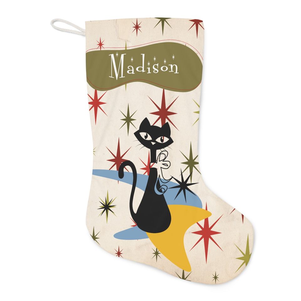 Personalized Atomic Cat Santa Stocking, Custom Mid Century Modern Starburst Christmas Stocking