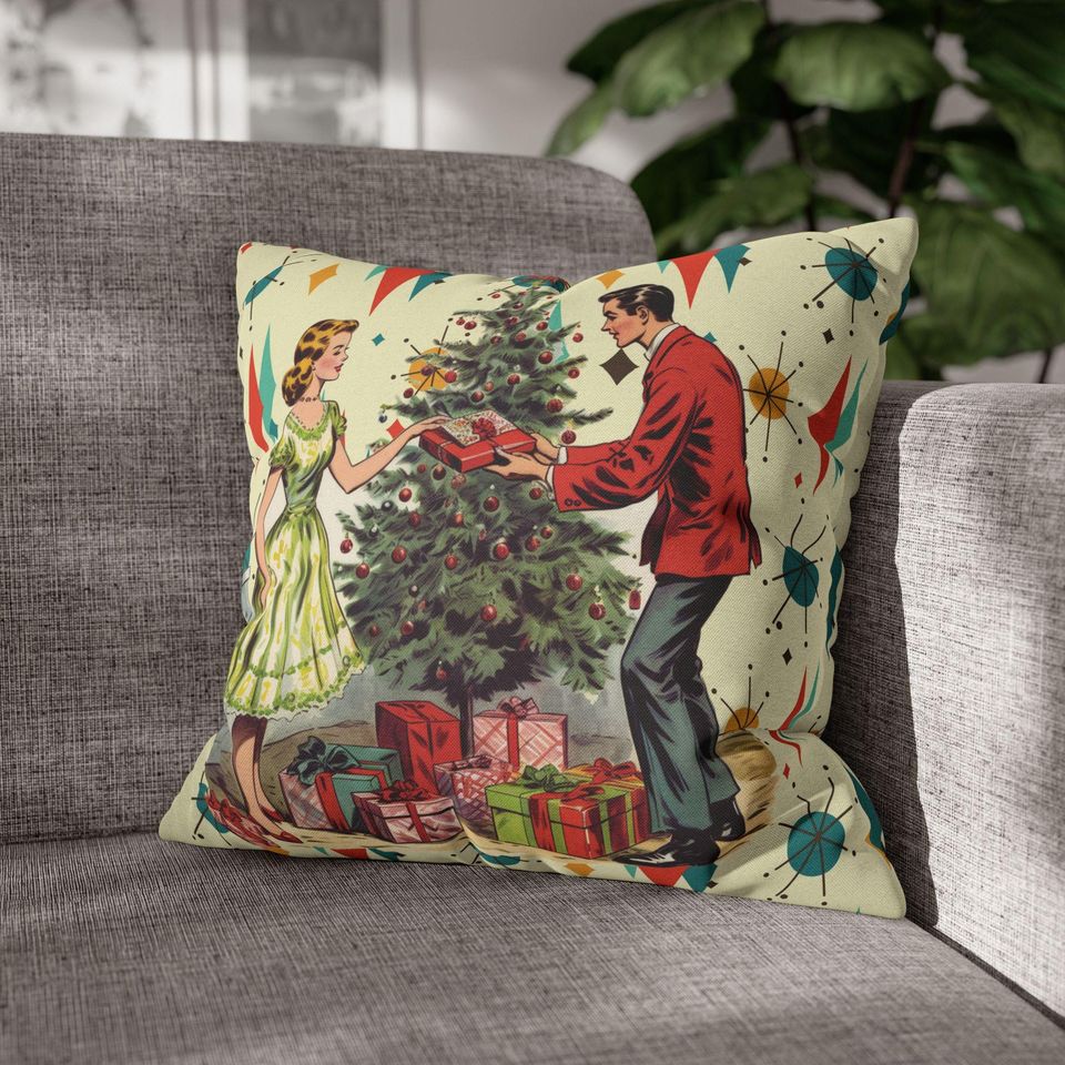 Retro Vintage 50s Franciscan Diamond Starburst Holiday Pillow Cover, Kitsch Christmas Scene Decor