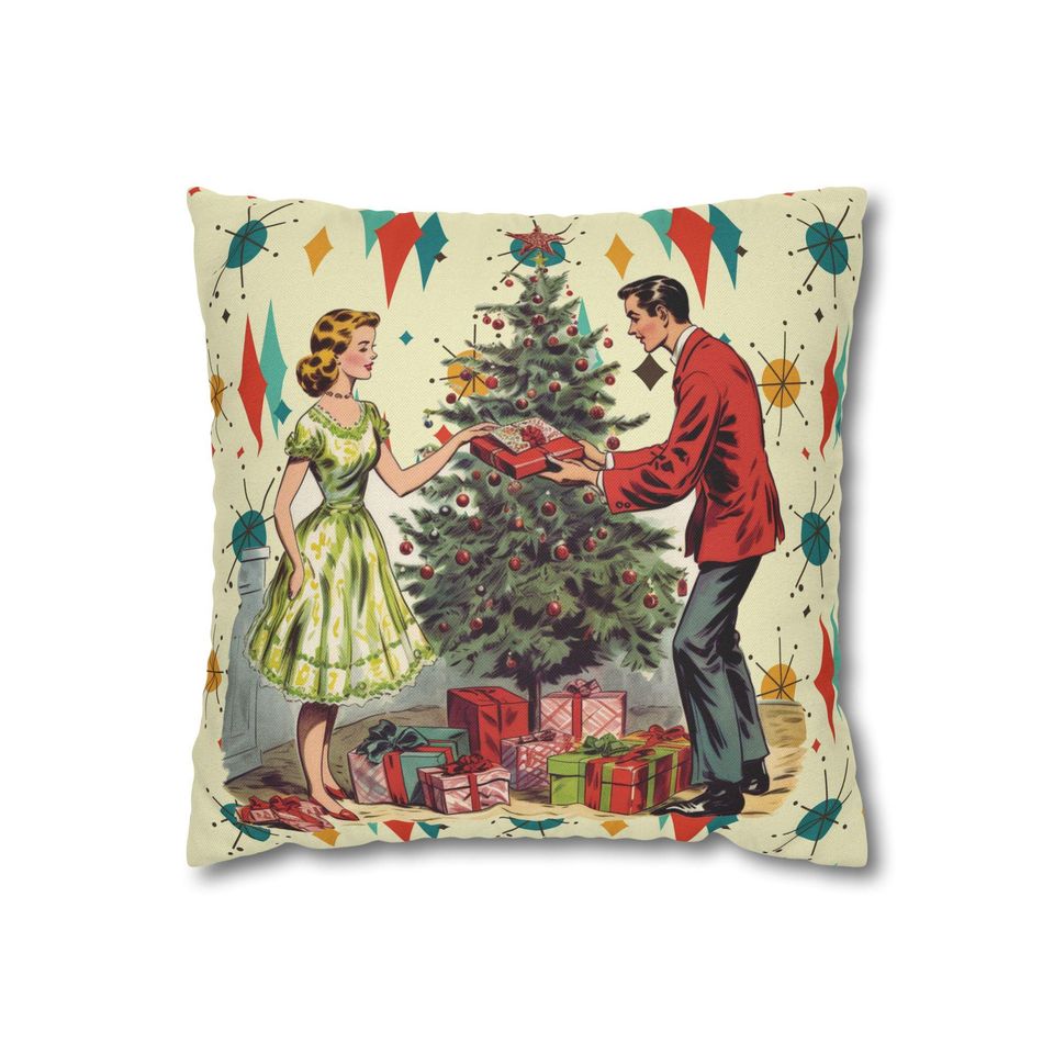 Retro Vintage 50s Franciscan Diamond Starburst Holiday Pillow Cover, Kitsch Christmas Scene Decor