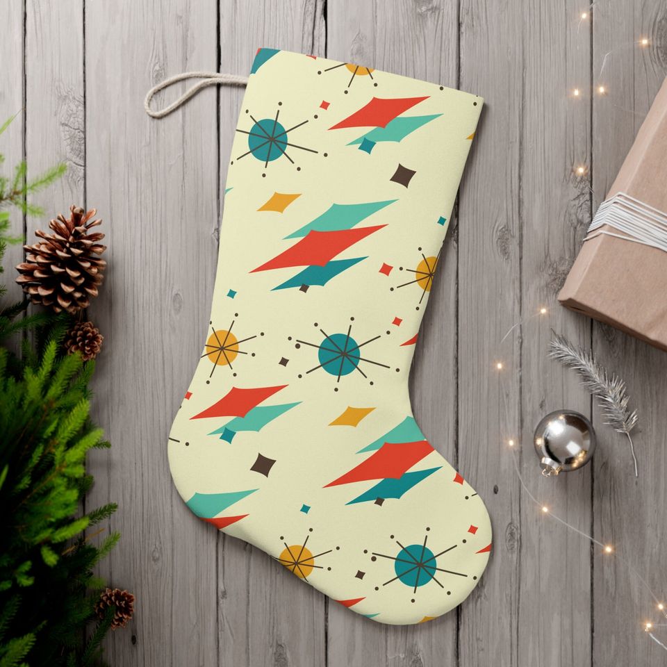 Franciscan Diamond Starburst Christmas Stocking, Mid Century Modern Retro Mantle Decor