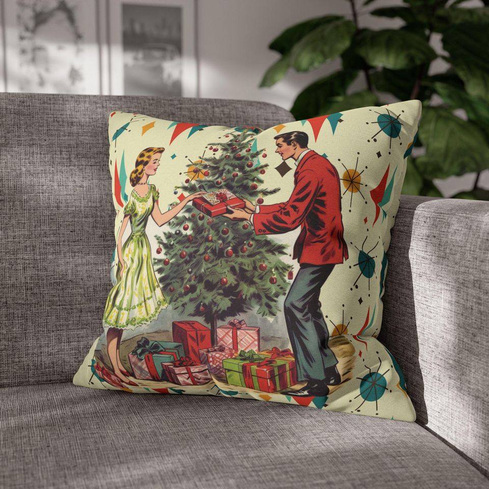 Retro Vintage 50s Franciscan Diamond Starburst Holiday Pillow Cover, Kitsch Christmas Scene Decor