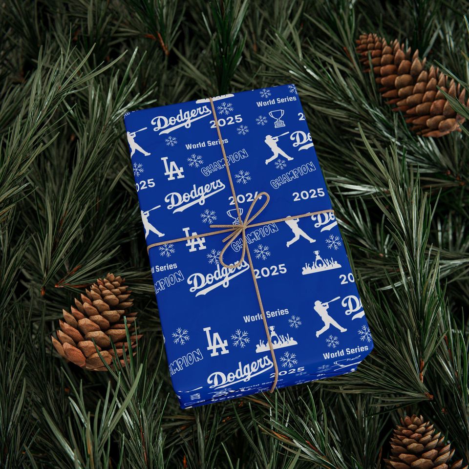 Holiday LA Dodgers Pattern Wrapping Paper | Blue Baseball Christmas 2024