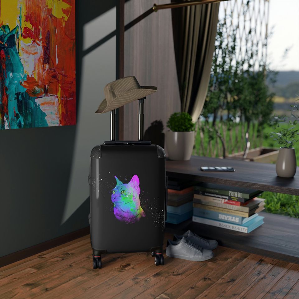 Rainbow Space Cat Black Suitcases