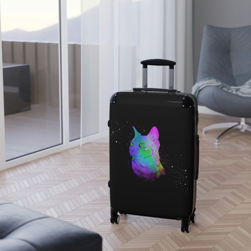 Rainbow Space Cat Black Suitcases