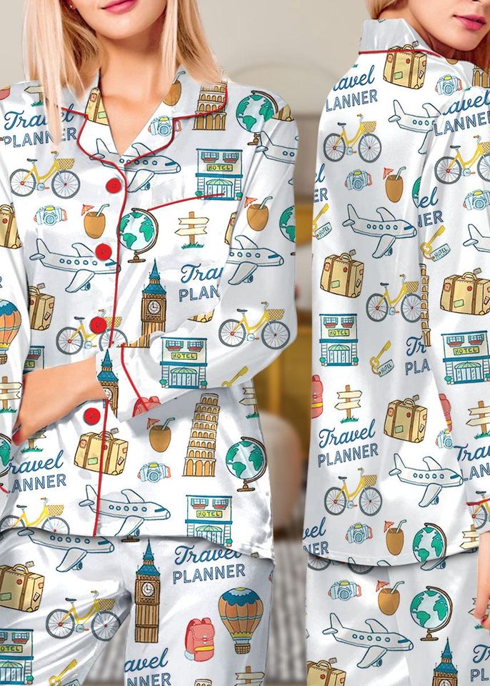 Travel Planner Silk Pajama Set for Women