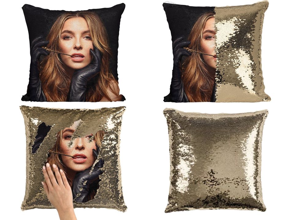 Jodie comer sequin pillow, celebrity sequin pillow, jodie comer flip sequin pillow