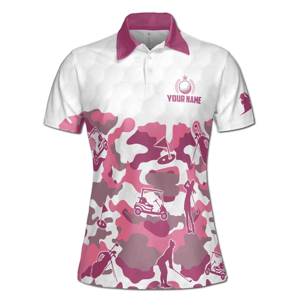 Custom Name Team Name Pink Camouflage Pattern Golf Women's Polo Shirt