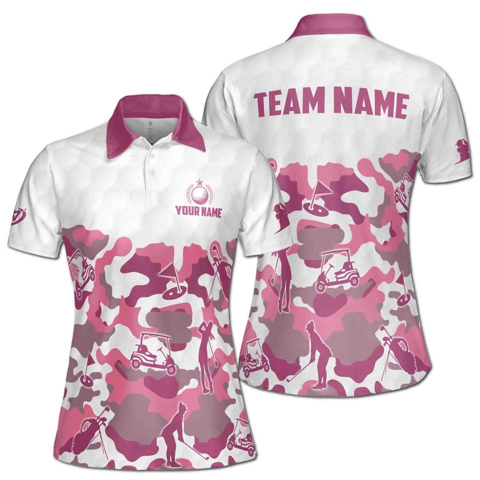 Custom Name Team Name Pink Camouflage Pattern Golf Women's Polo Shirt