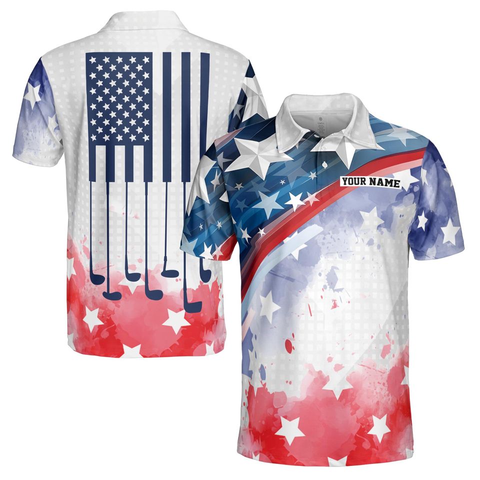 Custom Name American Flag Watercolor Play Golf Polo Shirt