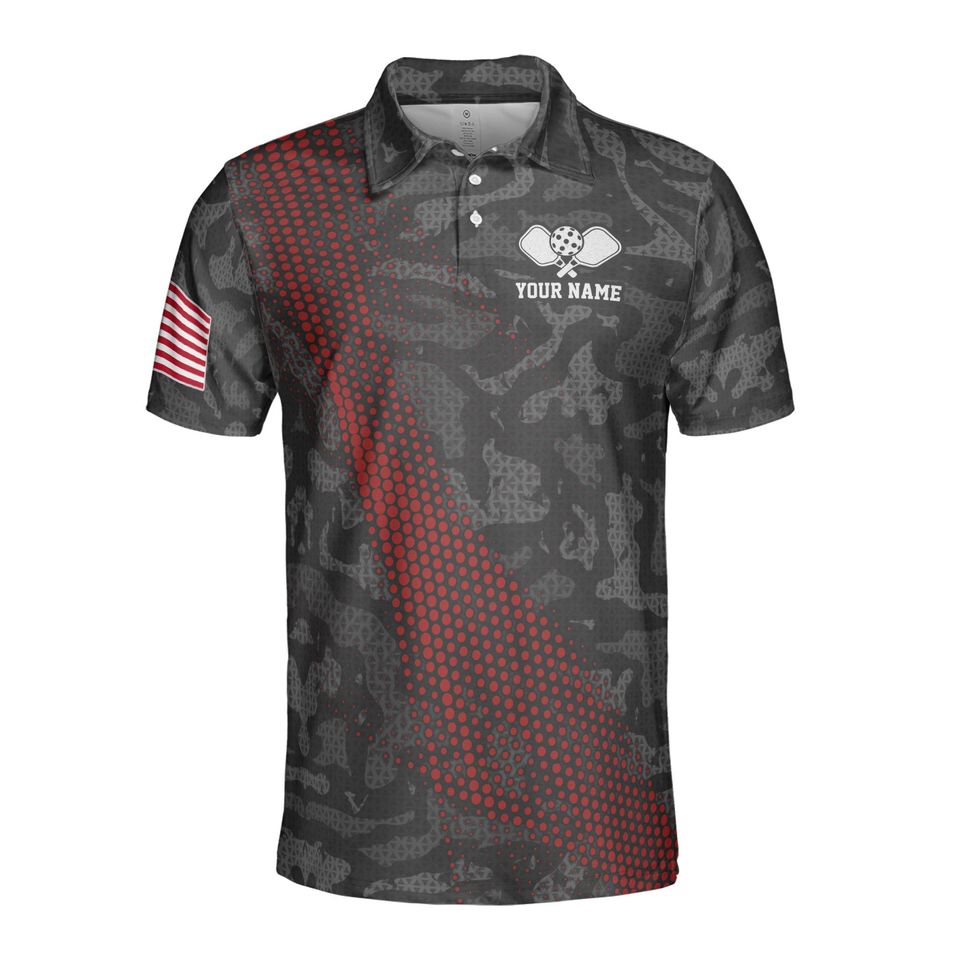 Customized Name Gray Camouflage American Flag Pickleball Polo Shirt