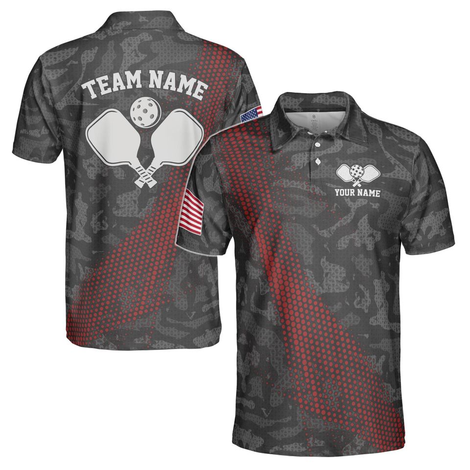 Customized Name Gray Camouflage American Flag Pickleball Polo Shirt
