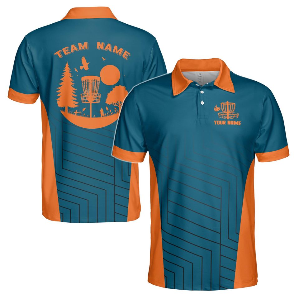 Custom Name Funny Disc Golf Blue Orange Tree Pattern Polo Shirt