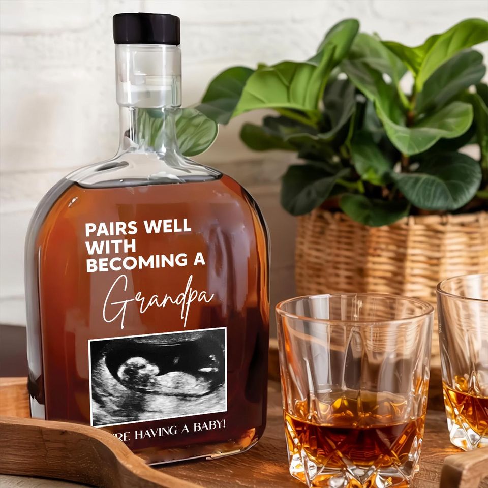 Personalized Grandpa Whiskey Bottle - Baby Announcement Gift for Dad and Him