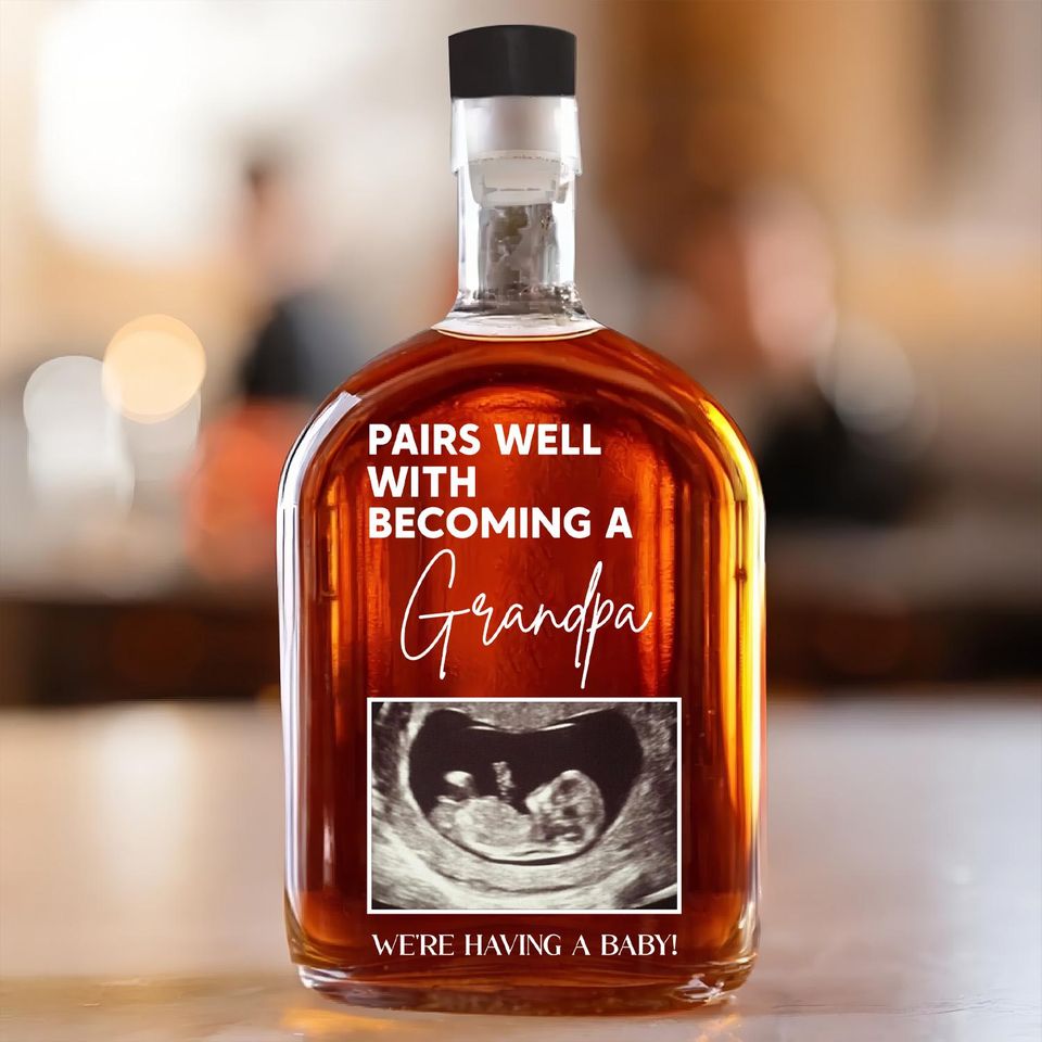 Personalized Grandpa Whiskey Bottle - Baby Announcement Gift for Dad and Him