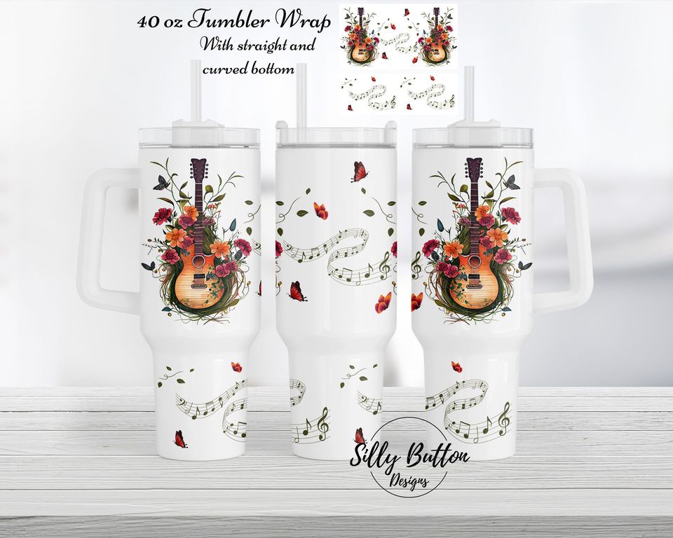 Guitars music nout Butterflies and Flowers 40 oz. Tumbler Wrap Sublimation Design Curved & Straight Bottom