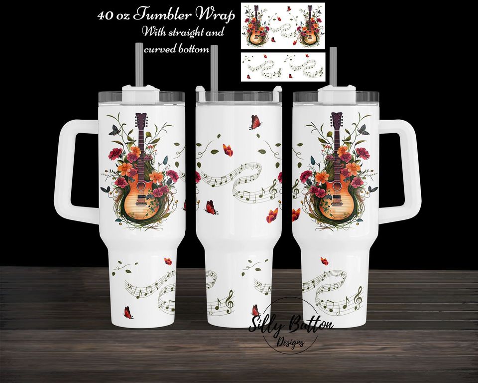 Guitars music nout Butterflies and Flowers 40 oz. Tumbler Wrap Sublimation Design Curved & Straight Bottom