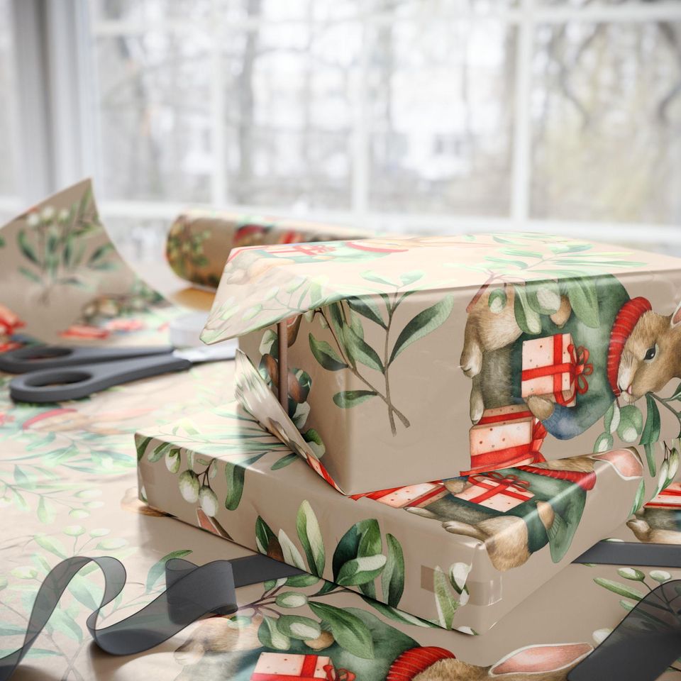 Vintage Winter Rabbit Gift Wrap Roll, Holiday Wrapping Paper for Christmas & Festive Present Packaging
