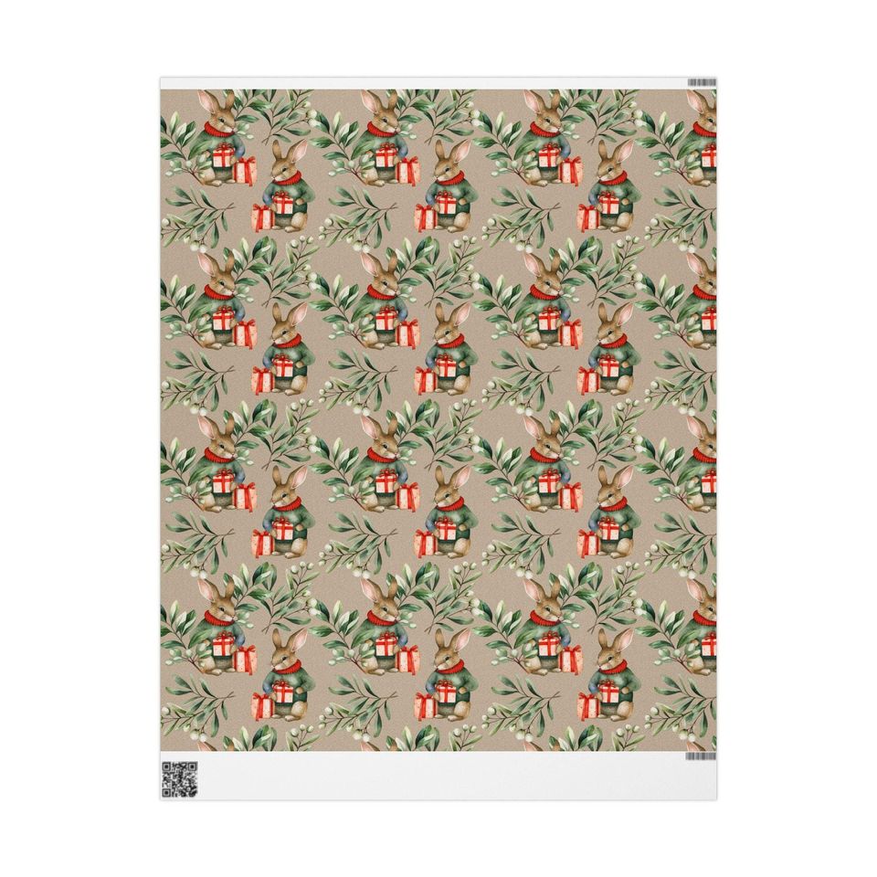 Vintage Winter Rabbit Gift Wrap Roll, Holiday Wrapping Paper for Christmas & Festive Present Packaging