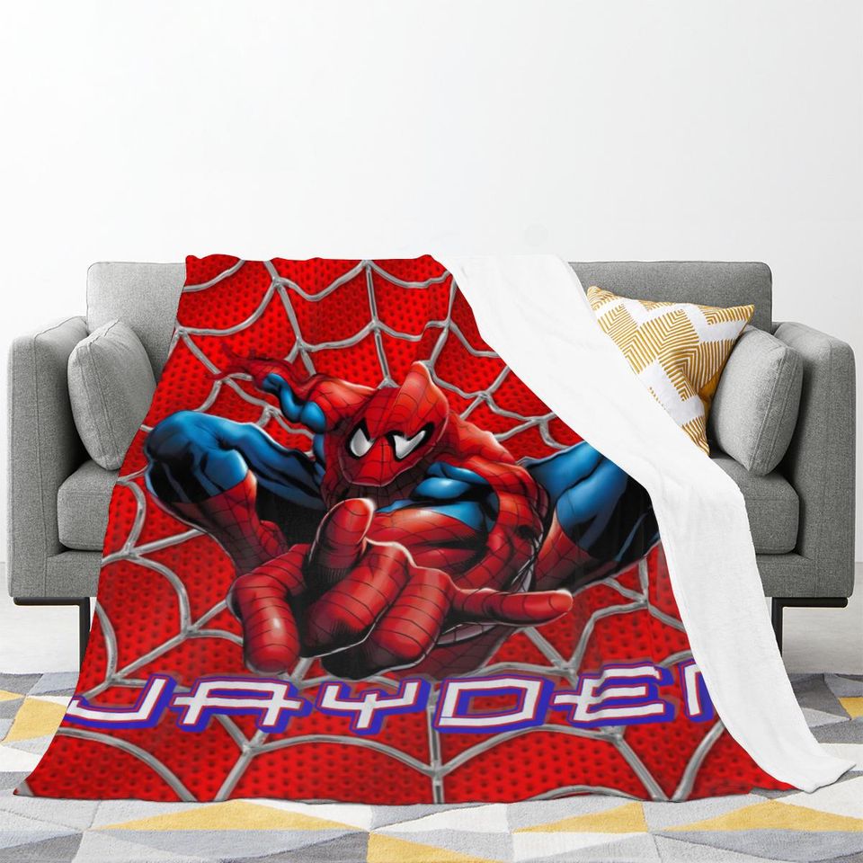Custom Spiderman Blanket,Personalized Superhero Bedding ,Spider Name Kids Gift,Cozy Cartoon Hero Blanket